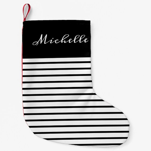 Black White Striped Elegant Customized Script Small Christmas Stocking (Front)