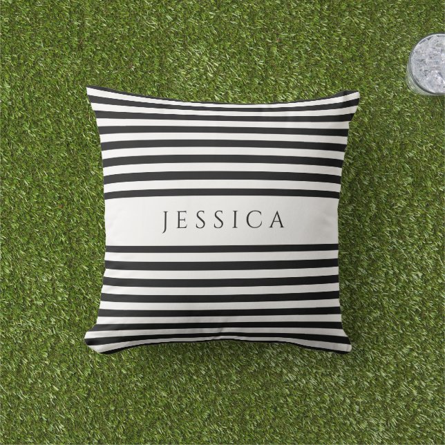 Black & White Striped Farmhouse Pattern Name Outdoor Pillow (Grass)