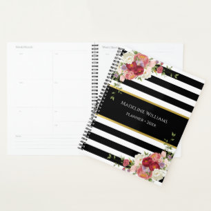 Black White Striped Floral Gold 2025 Planner