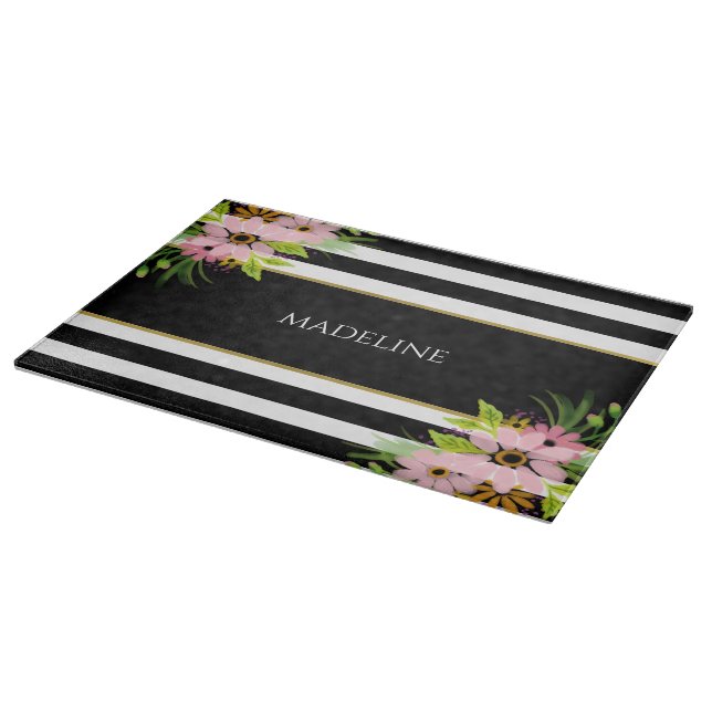 Black White Striped Floral Gold | Personalized Cutting Board (Corner)