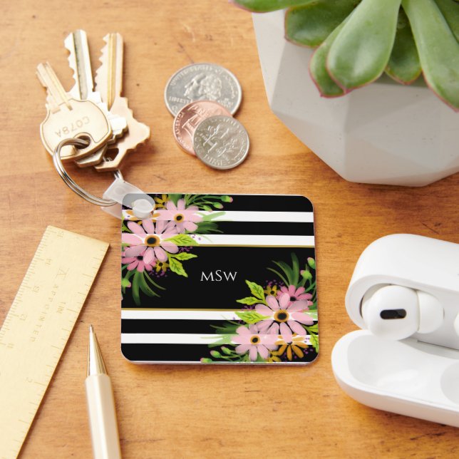 Black White Striped Floral Gold Personalized Keychain (Desk)
