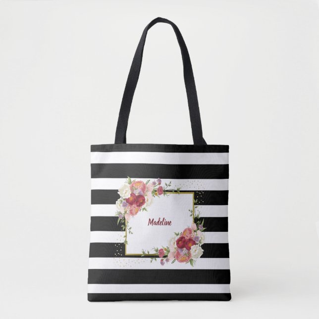 Black White Striped Floral Gold | Personalized Tote Bag (Front)