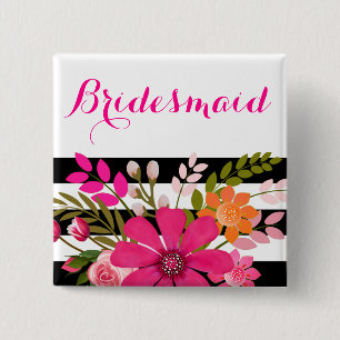 Black White Striped Flowers Bridesmaid   fuchsia 2 Inch Square Button