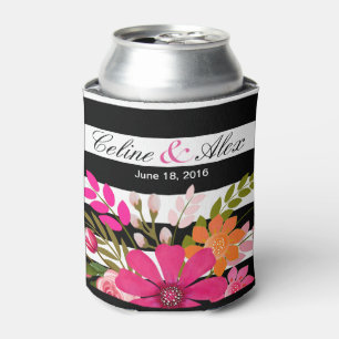 Black & White Striped Folklore Flowers fuchsia Can Cooler