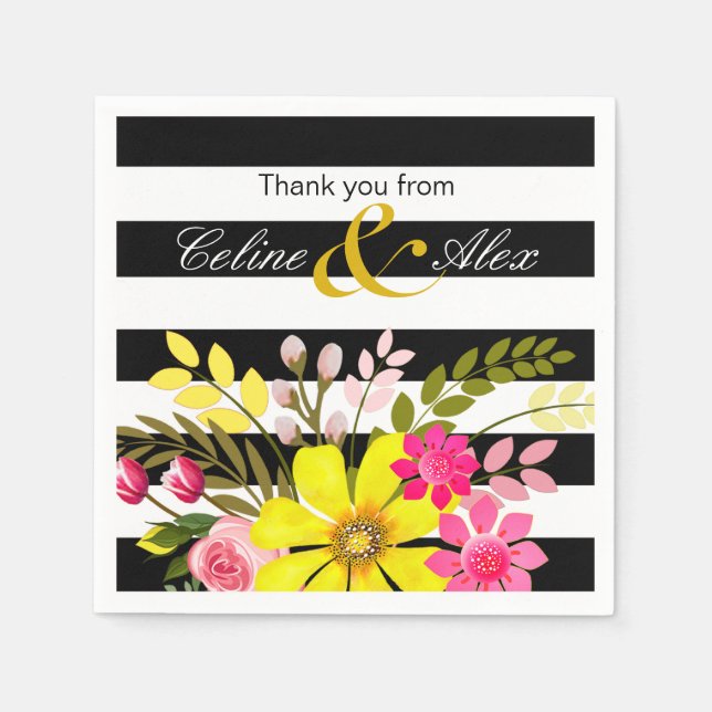 Black & White Striped Folklore Flowers | yellow Napkin (Front)