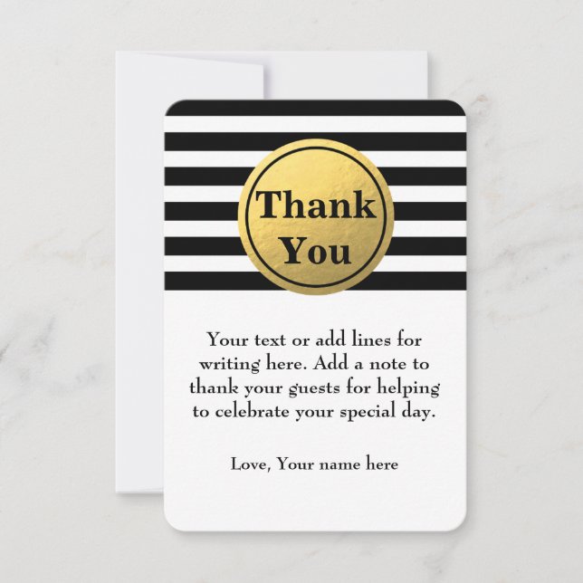 Black & White Striped Gold Foil Thank You Card (Front)