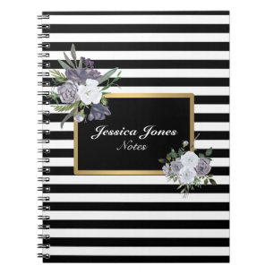 Black White Striped Gold Watercolor Rose Classic Notebook