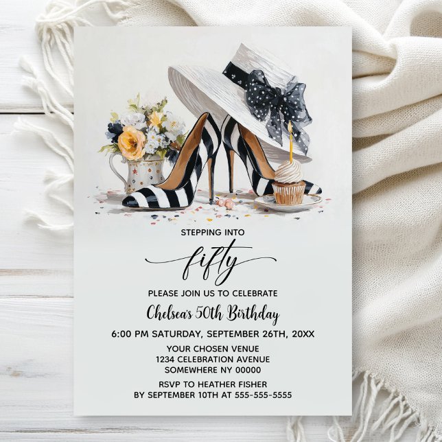 Black White Striped High Heel Shoes 50th Birthday Invitation (Creator Uploaded)