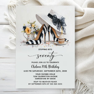 Black White Striped High Heel Shoes 70th Birthday Invitation