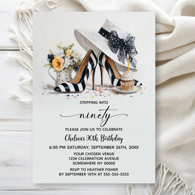 Black White Striped High Heel Shoes 90th Birthday Invitation (Creator Uploaded)