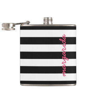 Black White Striped Hot Pink Personalized Name Hip Flask