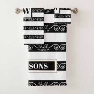 Black White striped Monogram Bath Towel Set