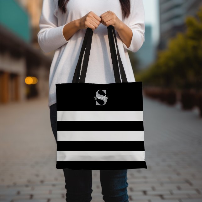 Black & White Striped Monogram Initial Name  Tote Bag (Creator Uploaded)