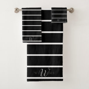 Black White Striped Monogrammed Chic Masculine Bath Towel Set