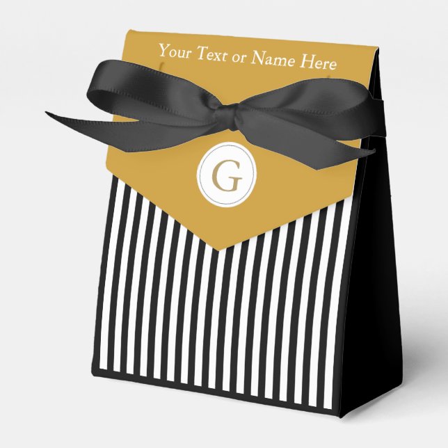 Black White Striped, Mustard Yellow Monogram Text Favor Box (Front Side)
