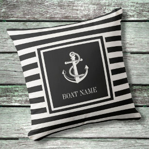 Black White Striped Nautical Anchor Boat Name Outdoor Pillow