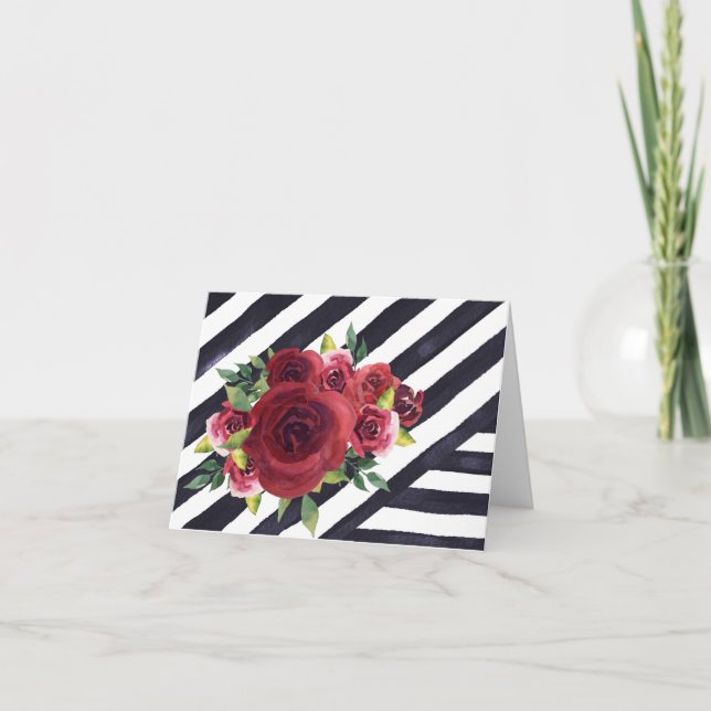 Black & White Striped Note Card with Red Flowers (Front)