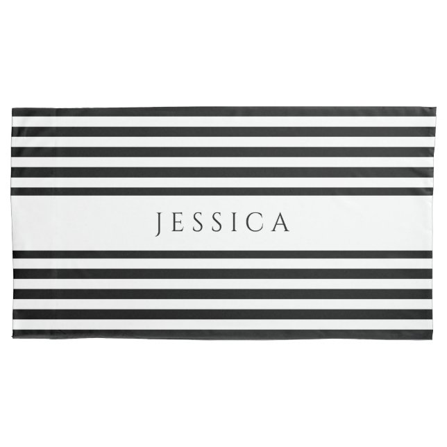 Black & White Striped Pattern Name Pillowcase (Front)