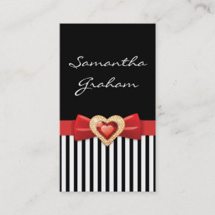 Black white striped pattern with red bow and jewel business card
