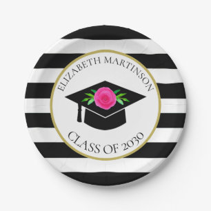 Black White Striped Pink Floral Graduation Party Paper Plate