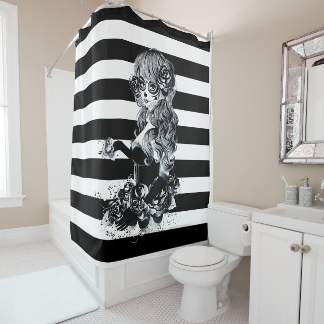 Black & White Striped Pretty Sugar Skull Girl (In Situ)