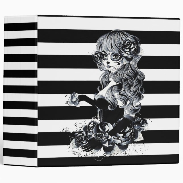 Black & White Striped Pretty Sugar Skull Girl Binder (Front/Spine)