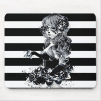Black & White Striped Pretty Sugar Skull Girl