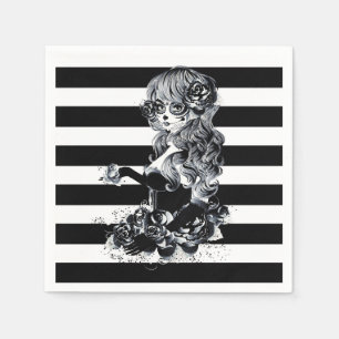 Black & White Striped Pretty Sugar Skull Girl Napkin