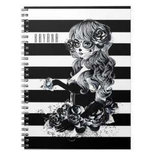 Black & White Striped Pretty Sugar Skull Girl Notebook