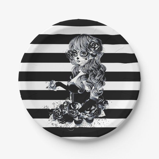 Black & White Striped Pretty Sugar Skull Girl Paper Plate (Front)