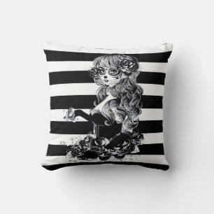 Black & White Striped Pretty Sugar Skull Girl Throw Pillow