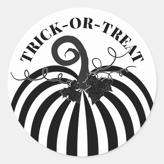 Black White Striped Pumpkin & Bats Halloween Party Classic Round Sticker (Front)