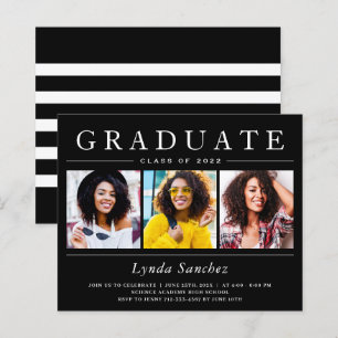 Black White Striped Three Photo Graduation Invitat