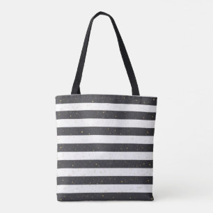 Black & White Striped Tote Bag with Gold Accents 