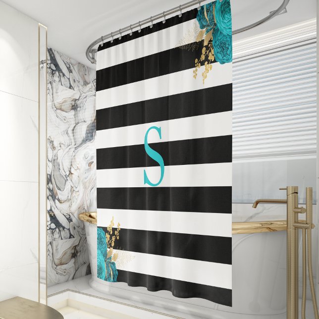Black White Striped Turquoise Gold Floral Monogram (Creator Uploaded)