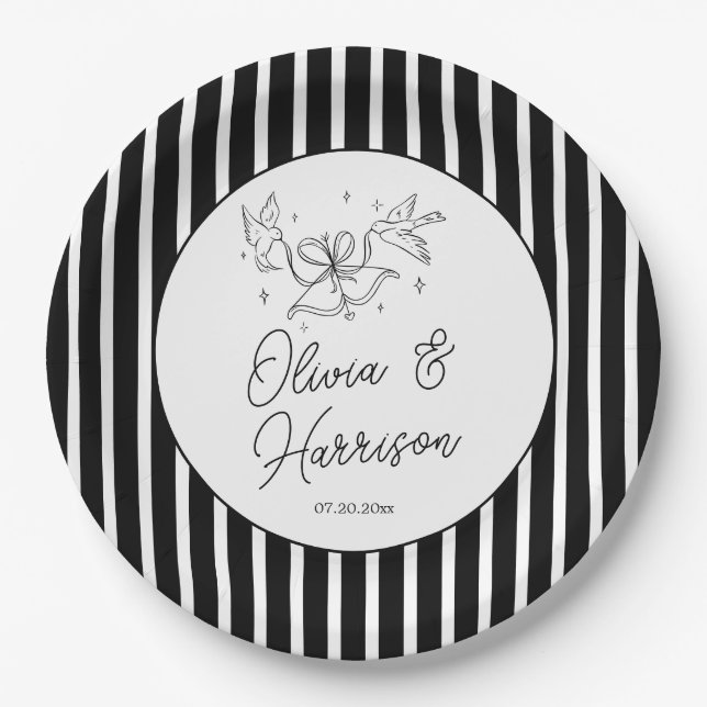 Black White Striped Whimsical Wedding Paper Plates (Front)