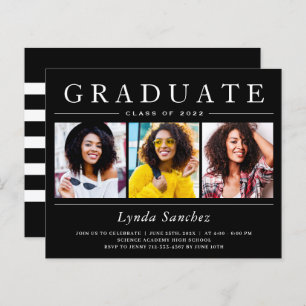 Black White Stripes 3 Photo Graduation Invitations
