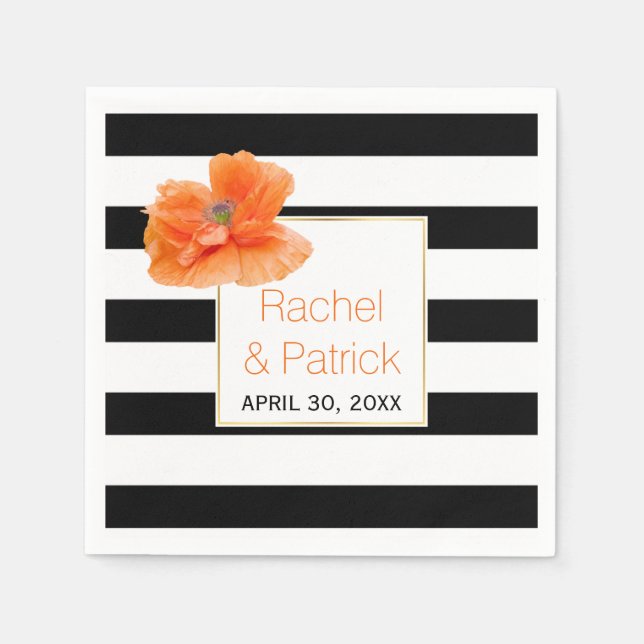 Black, white stripes and coral poppy wedding napkin (Front)