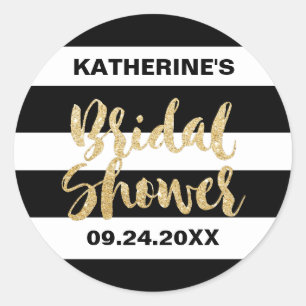 Black White Stripes and Gold Bridal Shower Favour Classic Round Sticker