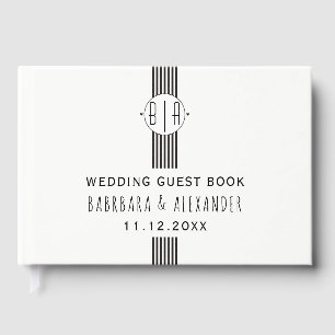 Black white stripes and monogram wedding guest book