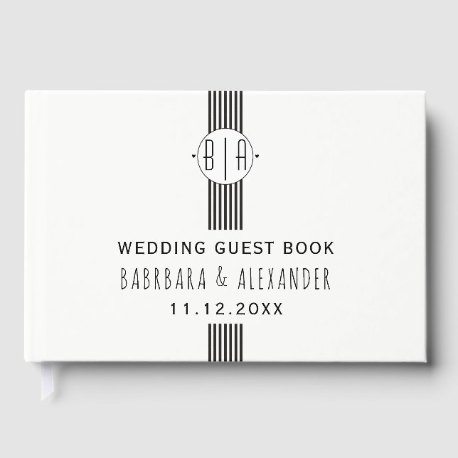 Black white stripes and monogram wedding guest book (Front)