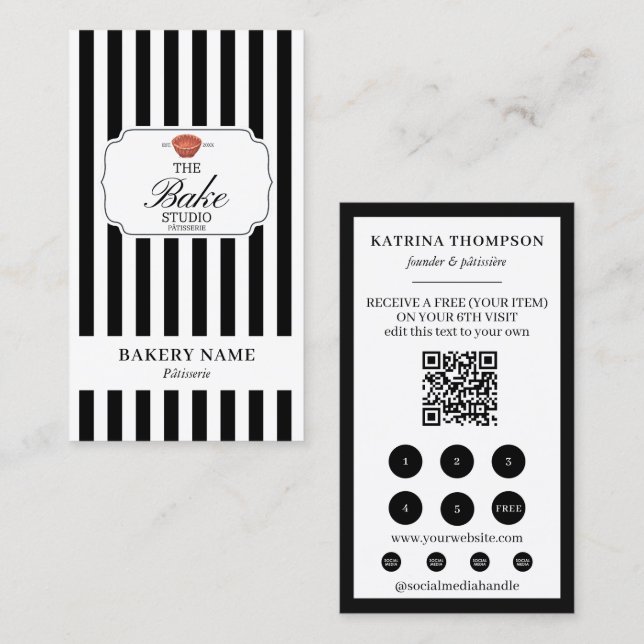 Black White Stripes Bakery Logo Loyalty Punch Business Card (Front/Back)