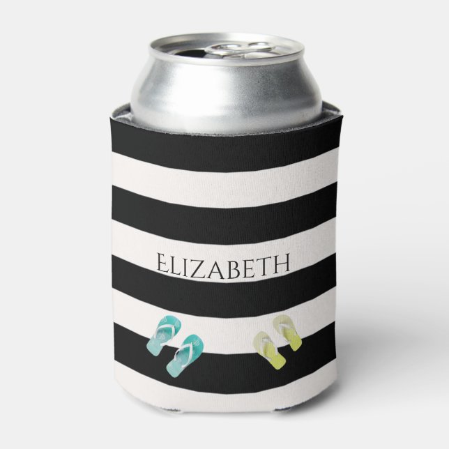 Black white stripes beach name monogram can cooler (Can Front)