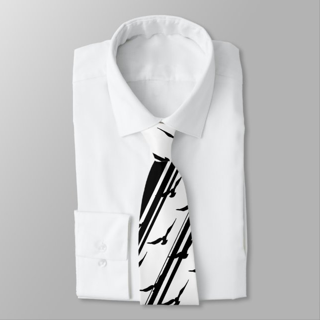 Black White Stripes Birds Silhouette Pattern Tie (Tied)
