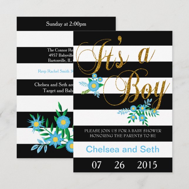 Black & White Stripes | Blue Floral | Baby Shower Invitation (Front/Back)