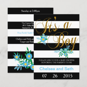 Black & White Stripes   Blue Floral   Baby Shower Invitation