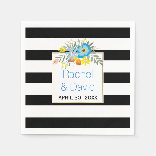 Black, white stripes blue folklore flowers wedding napkin (Front)