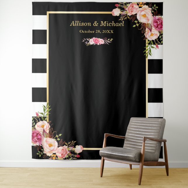 Black White Stripes Blush Floral Wedding Backdrop Tapestry (In Situ)
