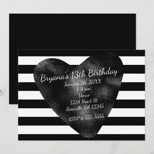 Black & White Stripes Chic Heart Party Invitations (Devant / Derrière)