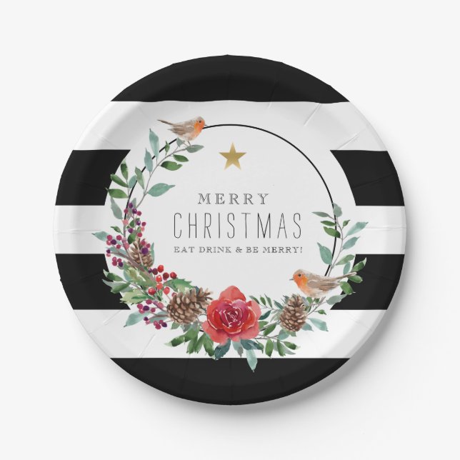 Black & White Stripes Christmas Robin Wreath Paper Plate (Front)